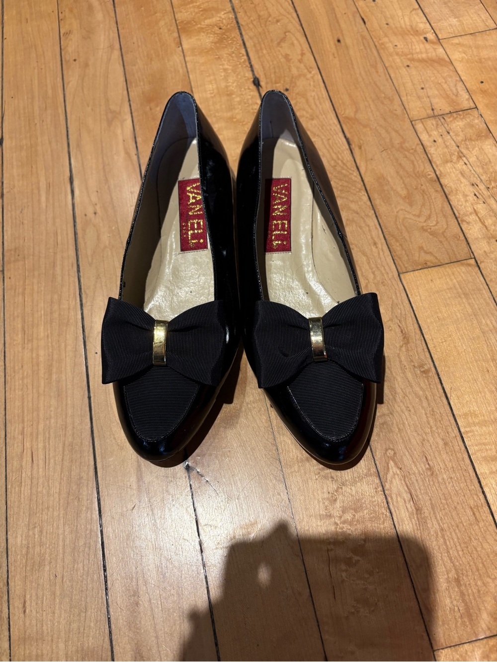 Vaneli Black Pointed-Toe Bow Flats with Gold Accent
